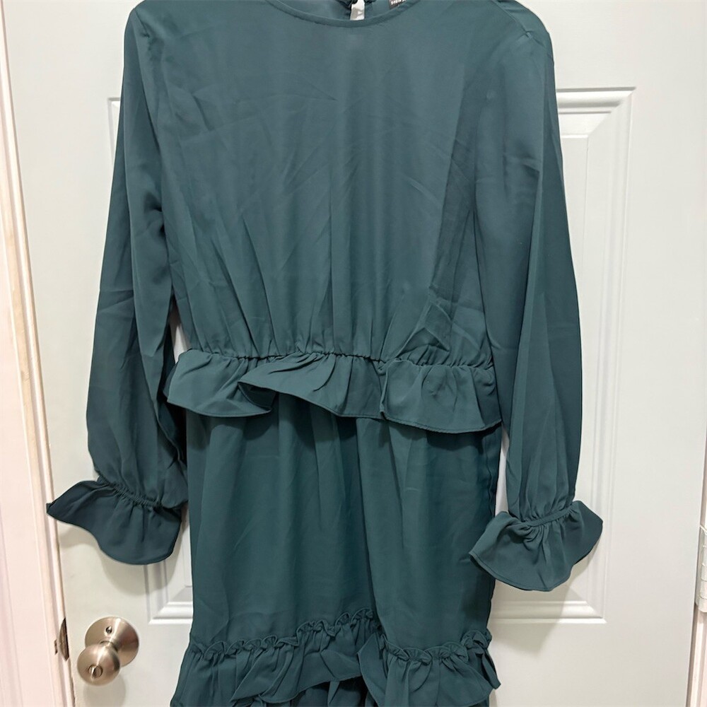 3/$15 SHEIN X Midi Dress Womens Size L Deep Green Long Sleeve Ruffle Hem Peplum